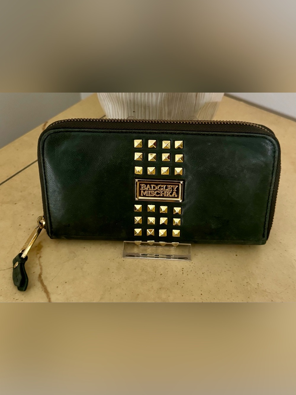Badgley Mischka Dark Green Leather Zip Wallet with Gold Studs